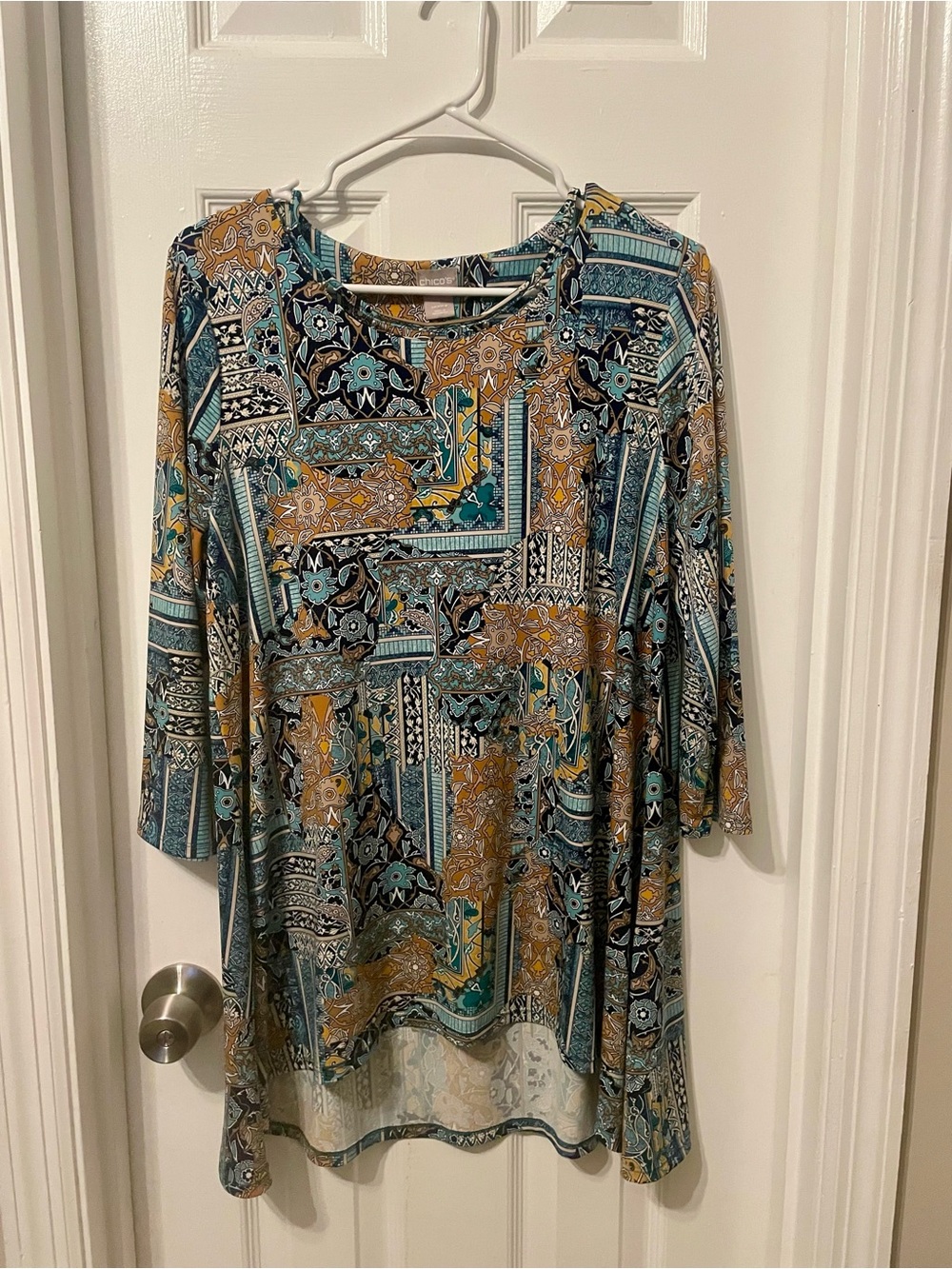 Chico's Teal and Mustard Patterned Tunic Top